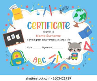 Certificado de escuela primaria con mapache kawaii. Ilustración vectorial de marco de regreso a la escuela. Linda Plantilla de diseño para niños. Fondo de útiles escolares. Diseño alegre y vibrante para los niños de la escuela.