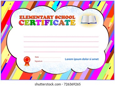 Elementary school certificate template with polygonal design elements, soft colors and empty text area in the center.