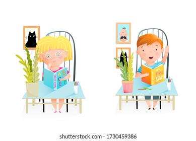 Elementary school children, classmates sitting at the desk, studying, reading books. Girl thinking and a boy answer question. Classroom with kids illustration. Watercolor style vector cartoon.