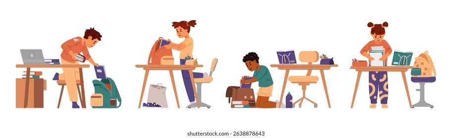 Elementary school children preparing for school and packing their school bags flat vector illustrations set isolated on white.
