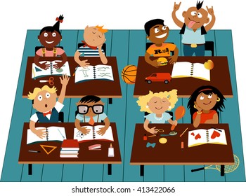 Elementary school classroom filled with diverse children characters, EPS 8 vector illustration
