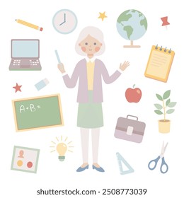 Elementary school cute set of elements. Teacher and teaching and learning supplies. Cartoon flat illustration.