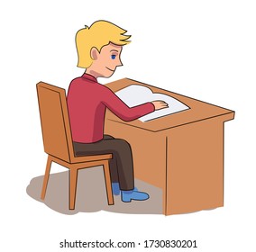 Elementary school education. Boy pupil sits at desk, looking in open notebook. Lesson in literature, language grammar, exam test writing. Schoolboy in classroom isolated. Vector character illustration