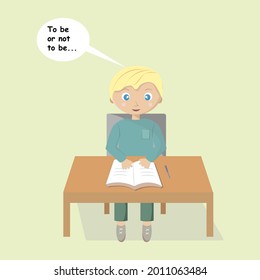 Elementary school education.Boy pupil sits at desk.Vector character illustration