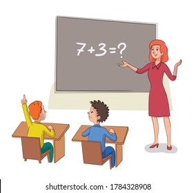 Elementary school education. Woman teacher shows on chalkboard, mathematic lesson. Pupil reaches up, answer the questions. Schoolchildren sitting at desks in classroom. Vector character illustration