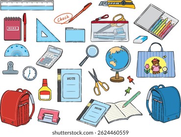 Elementary school entrance preparation stationery set illustration