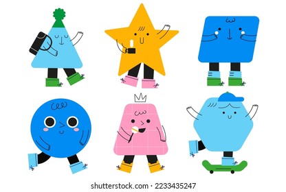 Elementary school geometric characters set, flat simple style, modern mascot collection, education concept with star, triangle, hexagon. Vector illustration