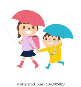 An elementary school girl and a boy are illustrations walking with an umbrella on a rainy day.