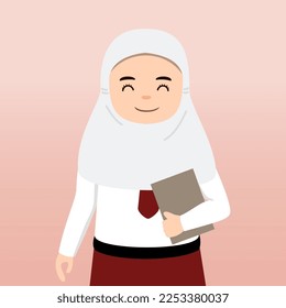  Elementary School girl and Boy Student Wearing Red and White Uniform. Cartoon Vector Illustration. Portrait of an elementary school student. School students children with backpacks, books, macbook. 