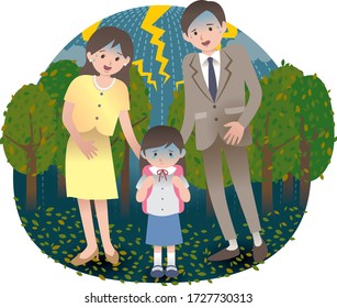 Elementary school girl has something on her mind, lightning scenery of her background expresses her feelings.Their parents is worrying about her.