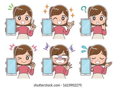 Elementary school girl in pink clothes.She has various expressions.She uses a smartphone.