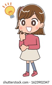 Elementary school girl in pink clothes.She has positive emotions.