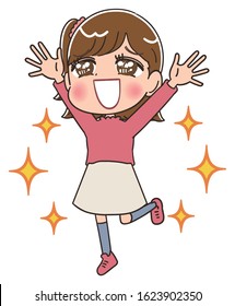 Elementary school girl in pink clothes.She has positive emotions.