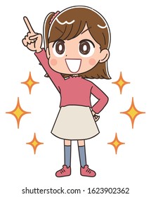 Elementary school girl in pink clothes.She has positive emotions.