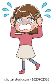 Elementary school girl in pink clothes.She has negative emotions.