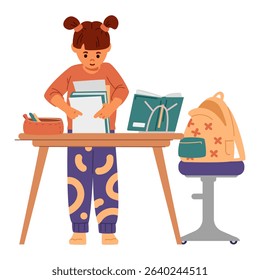 Elementary school girl preparing for school packing up her school bag at home flat vector illustration isolated on white.