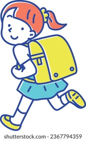 Elementary school girl running with a school bag on her back