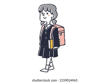 Elementary school girl walking with a book Comical handwritten person Vector, warm line drawing