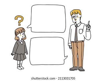 Elementary school girls and teachers Questions and answers Copy space Comical handwritten person illustrations