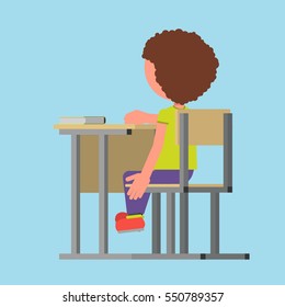 elementary school, grade, children, boy sitting at their desks, listening, waiting for the teacher. Vector illustration. Flat design style.