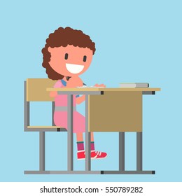 elementary school, grade, children, little girl sitting at a desk, writing in a notebook. make notes. Vector illustration. Flat design style.