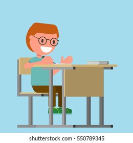 elementary school, grade, children, little boy sitting at a desk, writing in a notebook. make notes. Vector illustration. Flat design style.