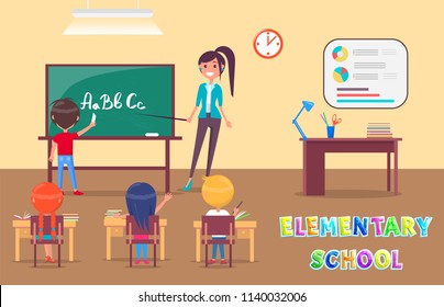 Elementary school grammar lesson in classroom with teacher and pupils poster. Chalkboard with alphabet, clock and placard, table with drawing utensils