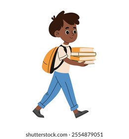 Elementary school kid boy with school bag and books go to school. Knowledge concept. Hand drawn illustration.