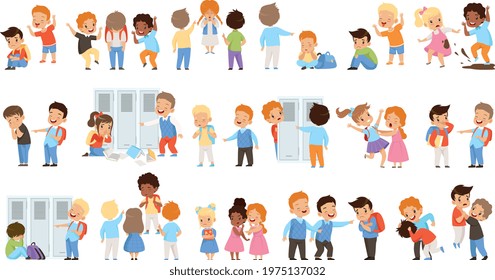 Elementary School Kids Bullying Weakers at School Set, Conflicts between Kids, Bad Behavior, Mockery and Bullying Concept Cartoon Vector Illustration