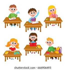 Elementary school kids in classroom - reading, writing, raising hand, studying, cartoon illustration isolated on white background. Kids in classroom, students of elementary, primary school