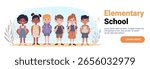 Elementary school kids diverse group standing together smiling outdoor nature background website banner
