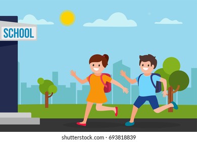 Elementary school kids running to classroom, vector illustration