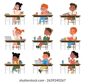 Elementary school kids student cartoon characters studying sitting at classroom desk table set isolated on white. Pupils writing, thinking, answering enjoying education process vector illustration