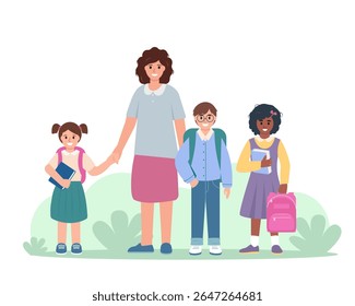 Elementary school or Kindergarten Teacher and children group with books and bags. Smiling pupils children, elementary or preschool kids with schoolmaster on white background. Vector illustration.