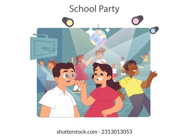 Elementary school party. Celebration ball or dance at school sport gym. Happy students in formal clothes having fun with classmates, dancing together. Flat vector illustration