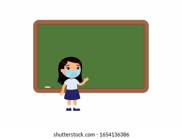 Elementary school pupil with protective mask on her face flat vector illustration. School girl standing at blackboard. Virus protection, allergies  concept. Vector illustration on a white background.