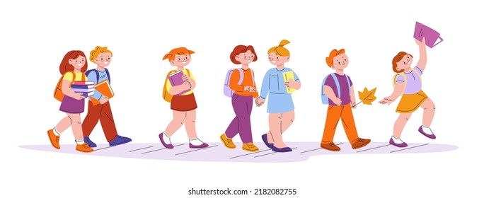 Elementary school pupils. Happy students with bag walking together, child hold books and conversation with friend. Hurry kids to classroom kicky vector concept