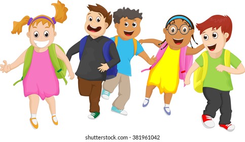 Elementary school pupils running outside together