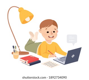 Elementary School Student Boy Studying Online Using Laptop Computer, Homeschooling, Distance Learning Concept Cartoon Style Vector Illustration