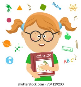 Elementary school student girl with glasses holding science book