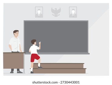 Elementary School Student Learning at Blackboard with Teacher