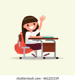 Elementary school student. A schoolgirl raises her hand to answer. Vector illustration of a flat design