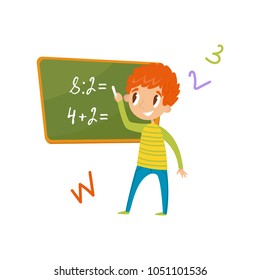 Elementary school student standing near the blackboard and writing mathematical examples, education and knowledge concept, colorful cartoon character vector Illustration on a white background
