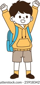 An elementary school student wearing a school bag looks happy for the new semester. He smiles with his hands held high. minimal line art vector illustration.
