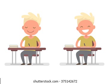 Elementary school student writes in a notebook. Sitting at his desk. Boy do homework. Vector illustration of a flat design