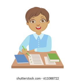 Elementary school student writing at school, a colorful character