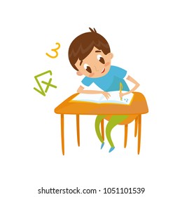 Elementary school student writing at school, education and knowledge concept, colorful cartoon character vector Illustration on a white background