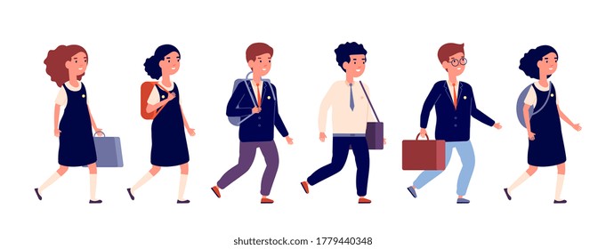 Elementary school students. Cartoon preschool kid, group different pupils. Flat happy children walking with bag backpack vector illustration