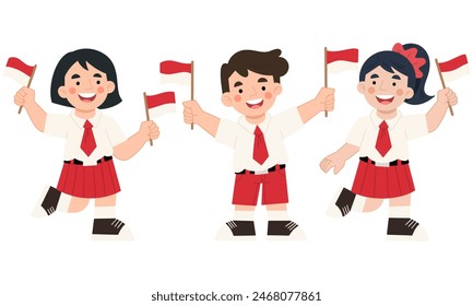 Elementary school students celebrate Indonesian independence day vector illustration