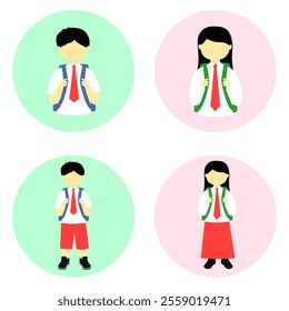  elementary school students icon set. half body and full body indonesian elementary students